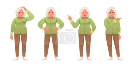 Illustration for Grandmother is dissatisfied with her hands on her hips, points to something, thinks about something. An old white woman with gray hair stands in various poses. Elderly woman in full growth character set. - Royalty Free Image
