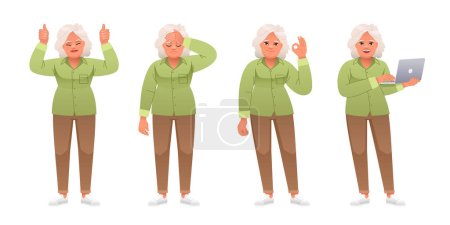 Illustration for An old caucasian woman stands with a laptop in her hands, shows an OK sign, a gesture of approval, in sadness. An elderly woman with gray hair stands in different poses. Grandmother in full growth character set. - Royalty Free Image