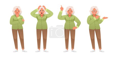 Illustration for An old white woman stands thinking over something, points to something, in a panic holds her head with her hands. Grandmother in full growth character set. An elderly woman with gray hair stands in different poses. - Royalty Free Image