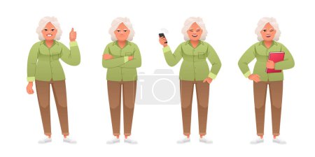 Illustration for Grandmother stands dissatisfied with her arms crossed, with a book in her hand, with a smartphone in her hand, a gesture of approval. Elderly woman in full growth character set. An old white woman with gray hair stands in various poses. - Royalty Free Image