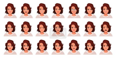 Illustration for Set of different emotions of a cute caucasian woman with dark hair. Facial expression of a beautiful stylish young girl. Smile, happiness, anger, surprise, fear, sadness, etc. Vector illustration in cartoon style. - Royalty Free Image