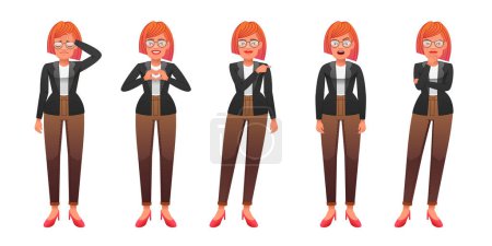 A business lady stands in sadness, puts a heart sign out of her hands, in perplexity, thinks about something, points to something. A beautiful slender white girl with glasses stands in different poses. Young red-haired woman in full-length character 