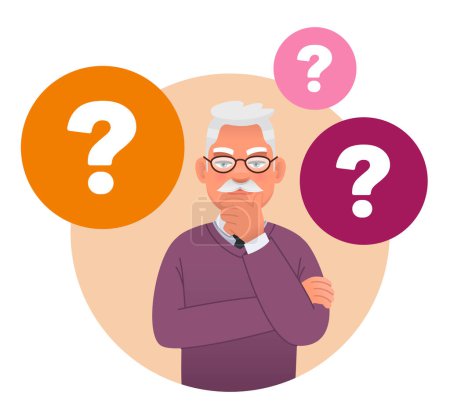 Illustration for An old man with glasses, surrounded by question bubbles. An elderly man has a question. Portrait of a thoughtful gray-haired grandfather. A smart, thinking pensioner who solves problems. Vector cartoon illustration. - Royalty Free Image