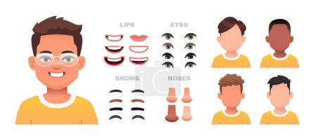 Child face constructor. A set of eyes, noses, eyebrows, lips and hairstyles to create male characters. Facial elements for building a portrait of a little boy. Vector illustration in cartoon style on a white background.