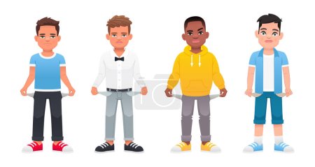 A set of little children with empty pockets. Boys without money. No money. A guy with his pockets turned out. Vector cartoon illustration on a white background.