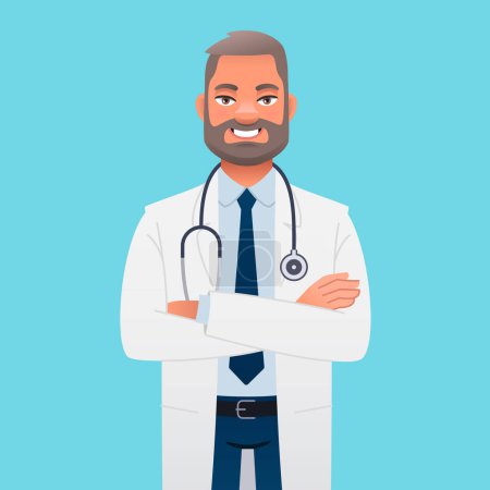Un médecin souriant en manteau blanc avec un stéthoscope se tient les bras croisés. Heureux médecin thérapeute en chef. Un homme barbu confiant et prospère. Illustration vectorielle de dessin animé sur fond bleu.