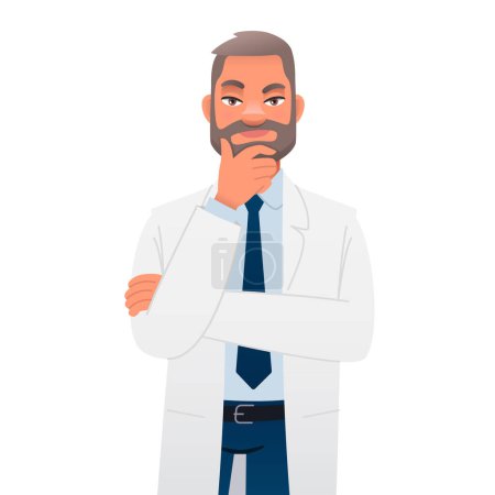 Doctor in a white coat with a stethoscope is thinking about something. The chief physician of the therapist stands in thought. A successful confident bearded man. Vector cartoon illustration on a white background.
