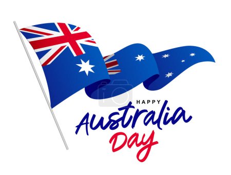 Téléchargez les illustrations : Le drapeau australien est accroché à un mât de drapeau et flotte dans le vent. Joyeuse fête de l'Australie. Jour du premier atterrissage. Illustration vectorielle sur fond blanc. - en licence libre de droit