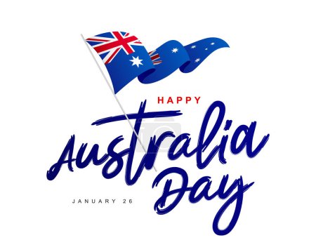 Happy Australia Day. 26. Januar. Australische Flagge am Fahnenmast. Elemente für die Gestaltung eines festlichen Plakats für den Tag der ersten Landung. Nationalfeiertag. Vektorillustration auf weißem Hintergrund.