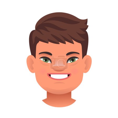 Illustration for Portrait of a happy boy with down syndrome. Joyful expression on the face of a sunny child. Avatar of a boy with the genetic disease Down Syndrome. Vector illustration on a white background. - Royalty Free Image