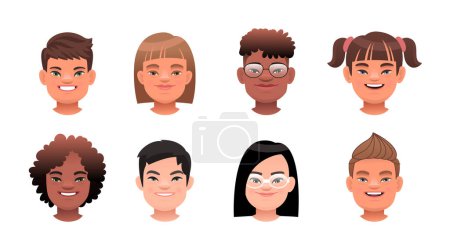 Illustration for Set of portraits of happy children with down syndrome. Boys and girls of different races with the genetic disease Down Syndrome. Expression on the faces of sunny children. Vector illustration on a white background.A set of portraits of happy children - Royalty Free Image