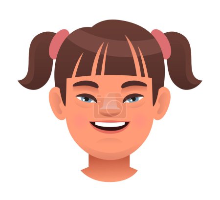 Illustration for Face of a cheerful girl with down syndrome. Expression on the face of a sunny child. Avatar of a girl with the genetic disease Down Syndrome. Vector illustration on a white background. - Royalty Free Image