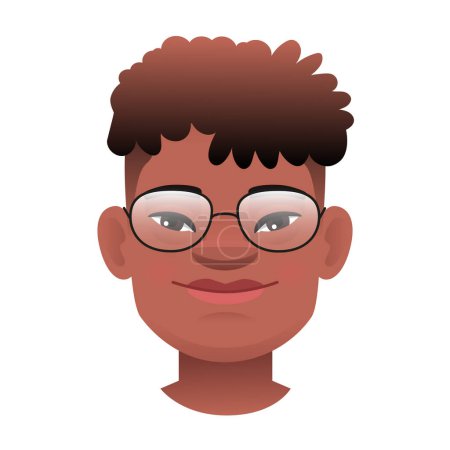 Illustration for Face of a black-skinned boy with glasses with down syndrome. Cheerful expression on the face of a sunny child. Avatar of an African boy with the genetic disease Down Syndrome. Vector illustration on a white background. - Royalty Free Image