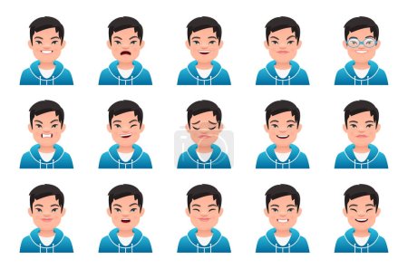Collection of emotions of a white boy with the genetic disease Down Syndrome. Expression on the face of a sunny child. Vector illustration in cartoon style