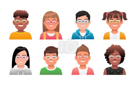 Conjunto de retratos de niños sonrientes con gafas con síndrome de Down. Niños y niñas de diferentes razas con la enfermedad genética Síndrome de Down. Expresión en los rostros de niños soleados. Ilustración vectorial sobre fondo blanco.