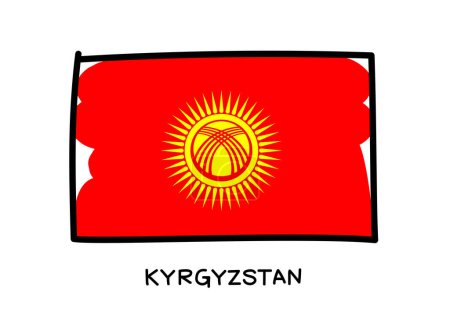 Illustration for New cartoon Kyrgyz flag 2023. Red canvas with a round golden sun and 40 rays in the center. Inside the solar disk is a tundyuk - a Kyrgyz yurt. Vector illustration. - Royalty Free Image