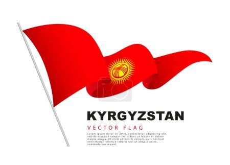 Illustration for Updated Kyrgyz flag on the flagpole, fluttering in the wind. Red canvas with a round golden sun and 40 rays in the center. Inside the solar disk is a tundyuk - a Kyrgyz yurt. Vector illustration. - Royalty Free Image