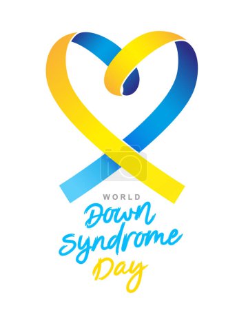 Illustration for World Down Syndrome Day. Blue and yellow ribbon in the shape of a heart. Hand lettering. Elements for the design of a holiday card. Vector illustration on a white background. - Royalty Free Image
