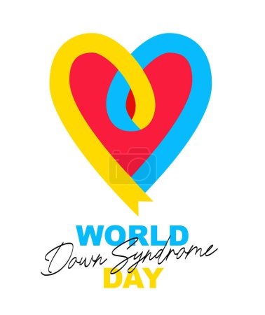 Illustration for World Down Syndrome Day. Red heart edged with a blue and yellow ribbon. Lettering and calligraphy. Elements for the design of a greeting banner. Vector illustration on a white background. - Royalty Free Image