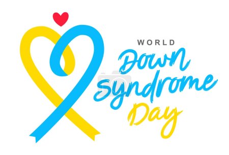 Illustration for Beautiful inscription - World Down Syndrome Day. Blue and yellow ribbon formed in the shape of a heart. Lettering. Elements for the design of a greeting card. Vector illustration on a white background. - Royalty Free Image