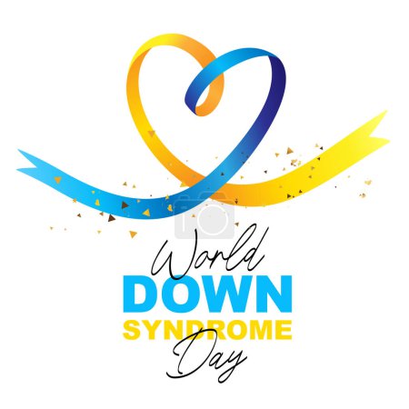 Illustration for Blue and yellow ribbons formed a heart handicap. World Down Syndrome Day. Lettering and calligraphy. Elements for the design of a greeting poster. Vector illustration on a white background. - Royalty Free Image