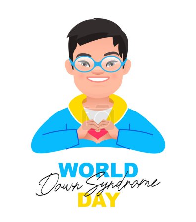 Illustration for Cute boy with the genetic disease Down Syndrome stands with his palms folded in the shape of a heart. World Down Syndrome Day. Sunny child. Vector illustration on a white background. - Royalty Free Image