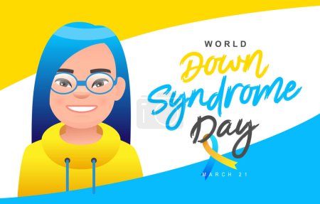 Illustration for Beautiful little girl with glasses, blue hair and a yellow sweater. World Down Syndrome Day, March 21st. Sunny child. Vector illustration. - Royalty Free Image