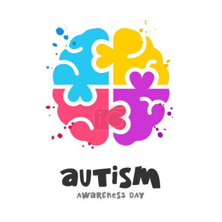 Téléchargez les illustrations : Journée de sensibilisation à l'autisme. Cerveau coloré composé de pièces de puzzle bleu, jaune, rouge et violet avec des coeurs. Illustration vectorielle sur fond blanc. - en licence libre de droit