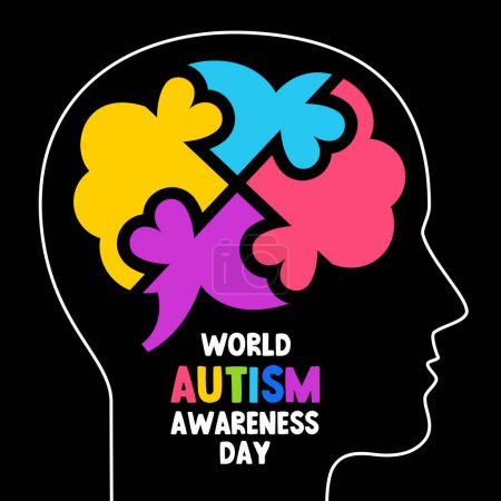Téléchargez les illustrations : Journée mondiale de sensibilisation à l'autisme. Cerveau humain, composé de morceaux colorés de puzzles avec des cœurs. Plan d'une tête humaine. Illustration vectorielle sur fond noir. - en licence libre de droit