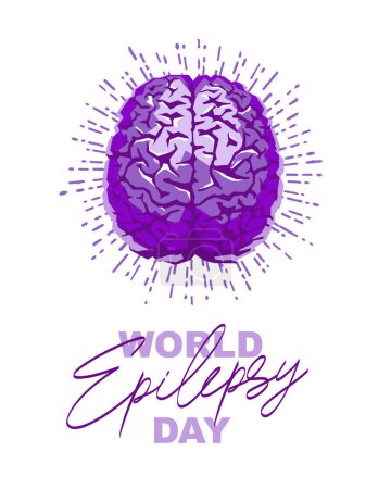 Téléchargez les illustrations : Journée mondiale de l'épilepsie. Un cerveau violet explosant avec des étincelles de tension. Maladie cérébrale. Illustration vectorielle sur fond blanc. - en licence libre de droit