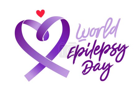 Ilustración de Stylish lettering is World Epilepsy Day. Purple ribbon in the shape of a heart. One of the most common neurological diseases in the world. Vector illustration on a white background. - Imagen libre de derechos