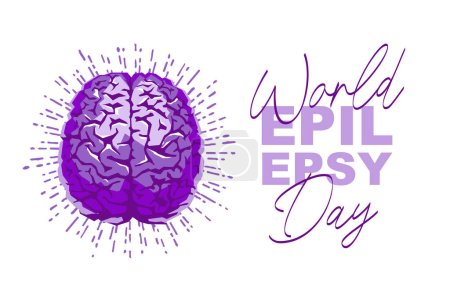 Téléchargez les illustrations : La calligraphie est la Journée mondiale de l'épilepsie. Un cerveau violet étincelant. Maladie cérébrale chronique. Illustration vectorielle sur fond blanc. - en licence libre de droit