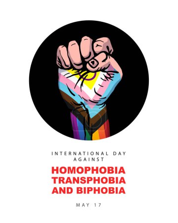 Menschliche Hand zu einer Faust in den Farben der LGBT-Flagge geballt. 17. Mai - Internationaler Tag gegen Homophobie, Transphobie und Biphobie. Vektorillustration auf weißem Hintergrund.