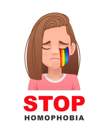 Belle fille triste pleurant des larmes d'arc-en-ciel. Arrêtez l'homophobie. Journée internationale contre l'homophobie, la transphobie et la biphobie. Illustration vectorielle sur fond blanc.