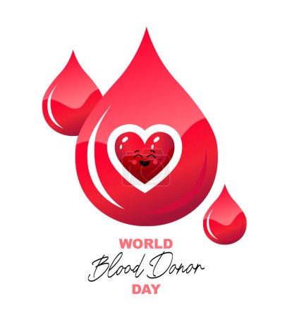 World Blood Donor Day. Cheerful smiling cartoon heart in a drop of blood. Festive greeting card. Vector illustration on a white background.