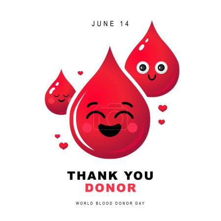 Merci, donateur. 14 juin : Journée mondiale du don de sang. Trois jolies gouttes de sang souriantes. Illustration vectorielle sur fond blanc.