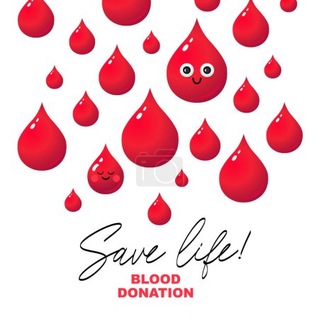 Save a life! Blood donation. Red cartoon smiling drops of blood are falling down. World Blood Donor Day. Vector illustration on a white background.