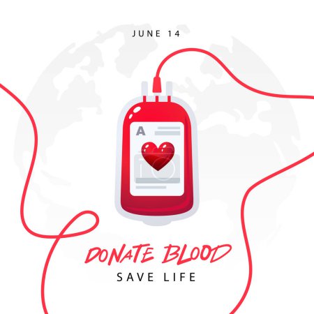 Donate blood, Save a life. June 14 - World Blood Donor Day. Blood pack of group A for transfusion. Festive greeting poster. Vector illustration on a white background.