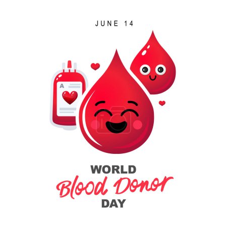 14 de junio: Día Mundial del Donante de Sangre. Una bolsa de sangre y dos gotas sonrientes de sangre. Ilustración vectorial sobre fondo blanco.