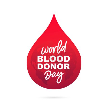 Día Mundial del Donante de Sangre. Bonitas letras. Una gota roja de sangre con el planeta Tierra en el centro. Ilustración vectorial sobre fondo blanco.