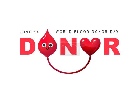 El Día Mundial del Donante de Sangre es el 14 de junio. Gota roja de sangre y un corazón en forma de las letras O en la palabra Donante. Concepto de transfusión de sangre. Ilustración vectorial sobre fondo blanco.
