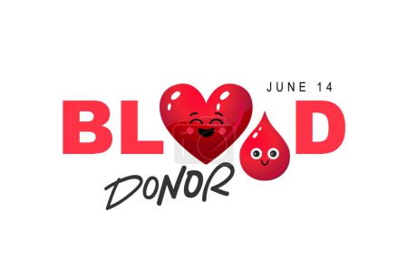 Cute cartoon heart and a drop of blood in the form of the letters O in the word Blood. June 14th. World Blood Donor Day. Concept of blood transfusion. Vector illustration on a white background.