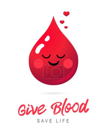 Donne du sang, sauve une vie. Journée mondiale du don de sang. Dessin animé paisible sourire goutte de sang penser au c?ur. Illustration vectorielle sur fond blanc.