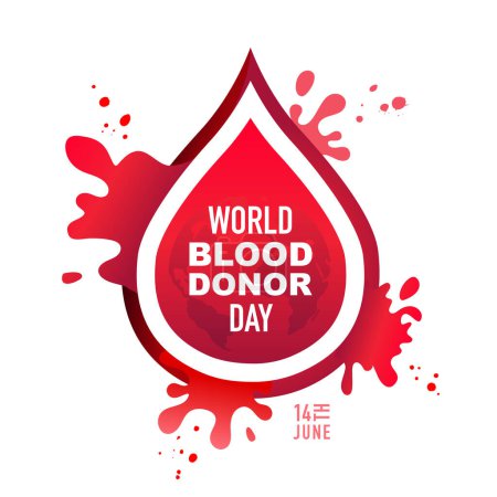 Grande goutte de sang rouge se répandant avec la planète Terre au centre. Journée mondiale du don de sang. Le 14 juin. Illustration vectorielle sur fond blanc
