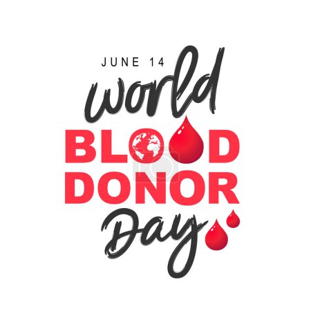 Elegante inscripción - Día Mundial del Donante de Sangre, 14 de junio. Gotas rojas de sangre y el planeta tierra en la forma de las letras O en la palabra Sangre. Ilustración vectorial sobre fondo blanco.