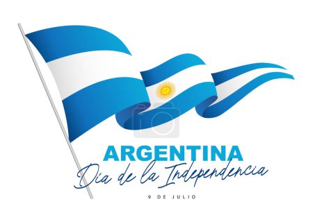 La bandera de Argentina en el asta de la bandera ondea en el viento. Inscripción en español - Día de la Independencia de Argentina - 9 de julio. Ilustración vectorial sobre fondo blanco.