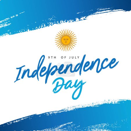 Beau lettrage - Jour de l'indépendance, 9 juillet. Le drapeau argentin. Coups de peinture bleus et soleil jaune. Illustration vectorielle sur fond blanc.