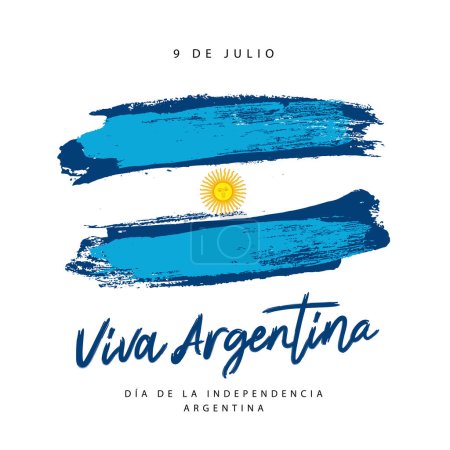 Inscription in Spanish - Viva Argentina - Independence Day of Argentina, July 9th. Argentine flag is hand-painted with a brush. Vector illustration on a white background.