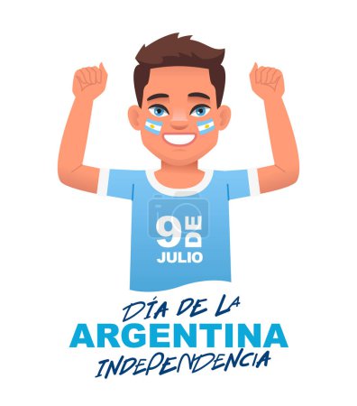 Happy smiling boy with the flags of Argentina painted on his cheeks. Argentina's Independence Day, July 9th. Inscription is in Spanish. Vector illustration on a white background.