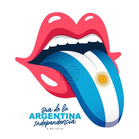 La langue peinte aux couleurs du drapeau argentin dépasse d'une bouche aux lèvres rouges. 9 juillet : fête de l'indépendance de l'Argentine. L'inscription est en espagnol. Illustration vectorielle sur fond blanc.